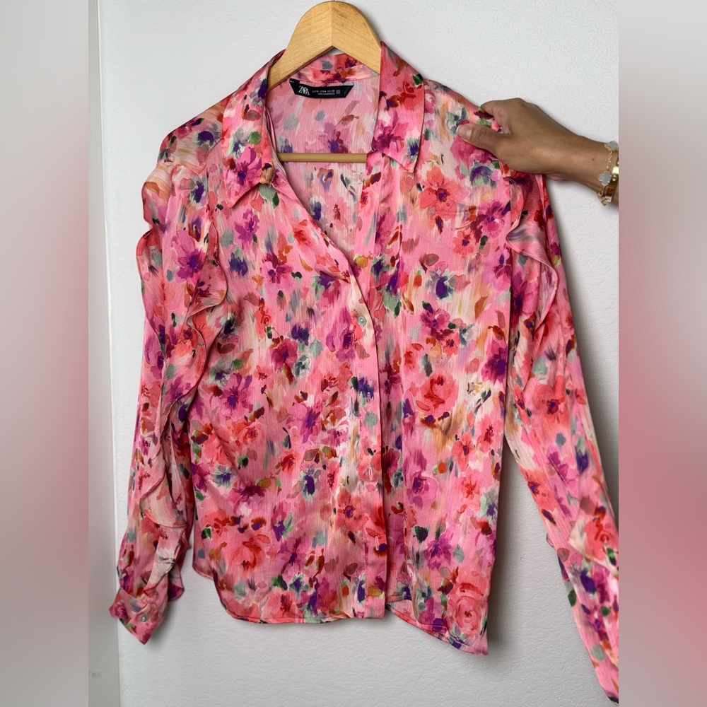 Zara Pink Ruffled Notched Collar Blouse